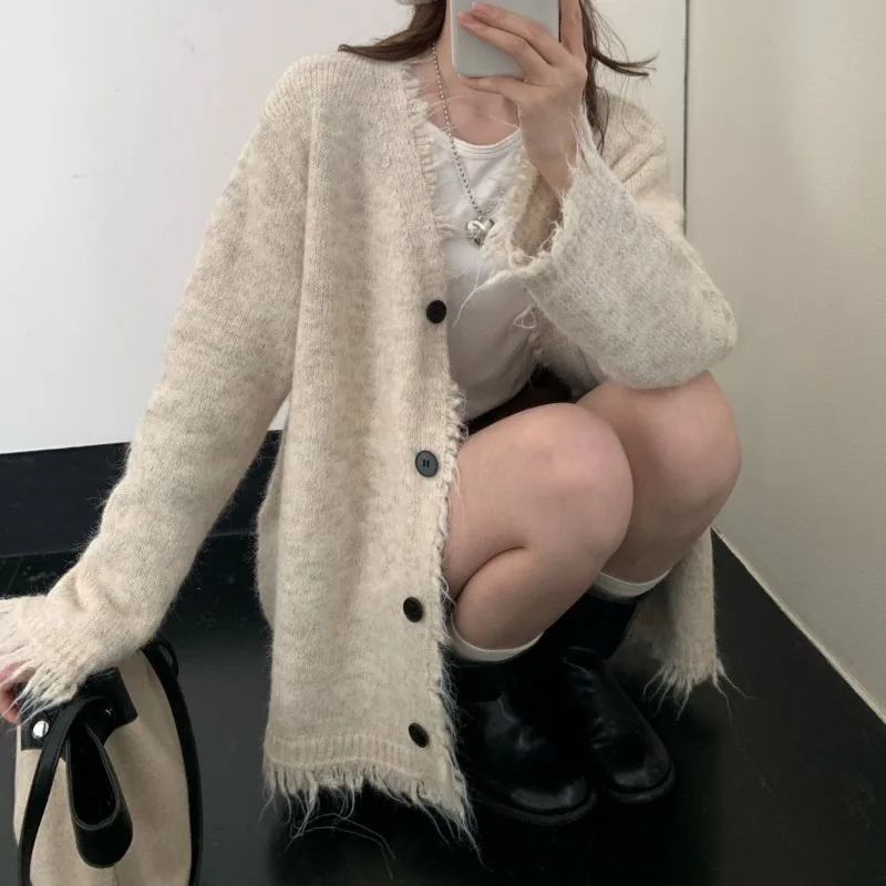 Vintage Gray Tassel Long-Sleeve V-Neck Single Breasted Knitted Cardigan Sweater Autumn Women Elegant Loose Solid Jacket Casual 3