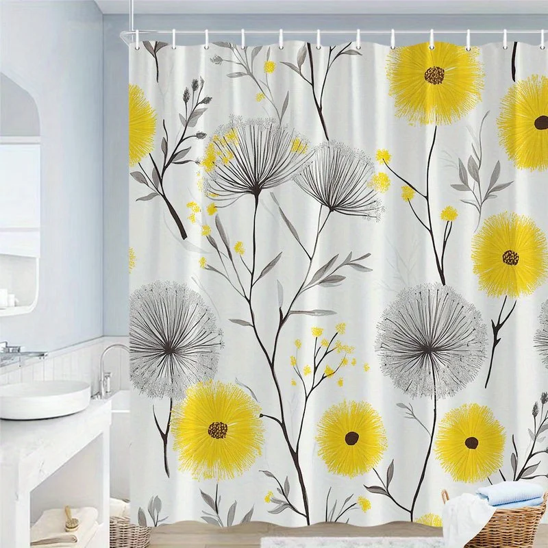 

1pc yellow daisy floral pattern shower curtain, polyester fabric, machine washable, suitable for bathroom decoration