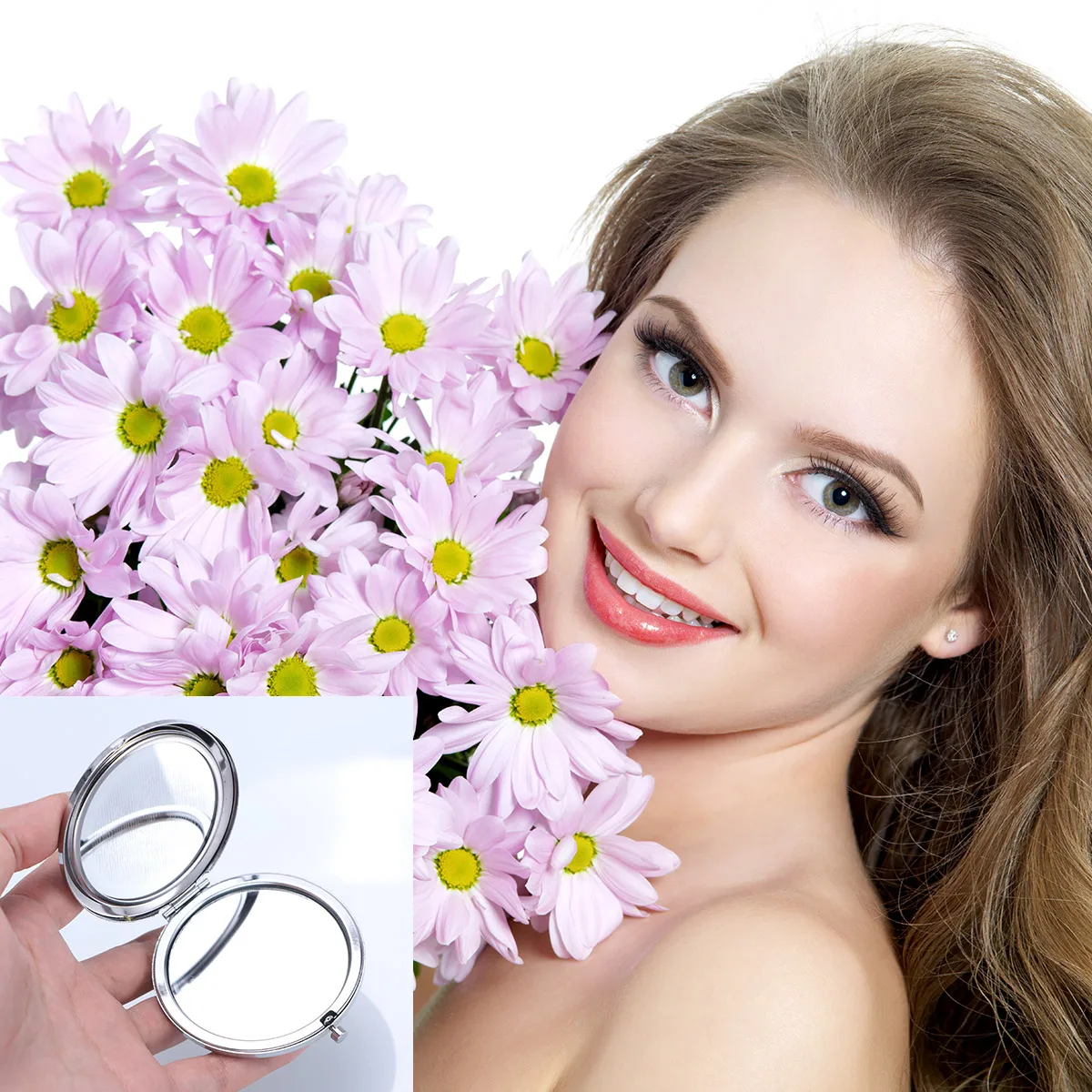 

Portable Folding Mirror Crystal Cover Mirror Double Sided Round Makeup Mirror(Colorful White)