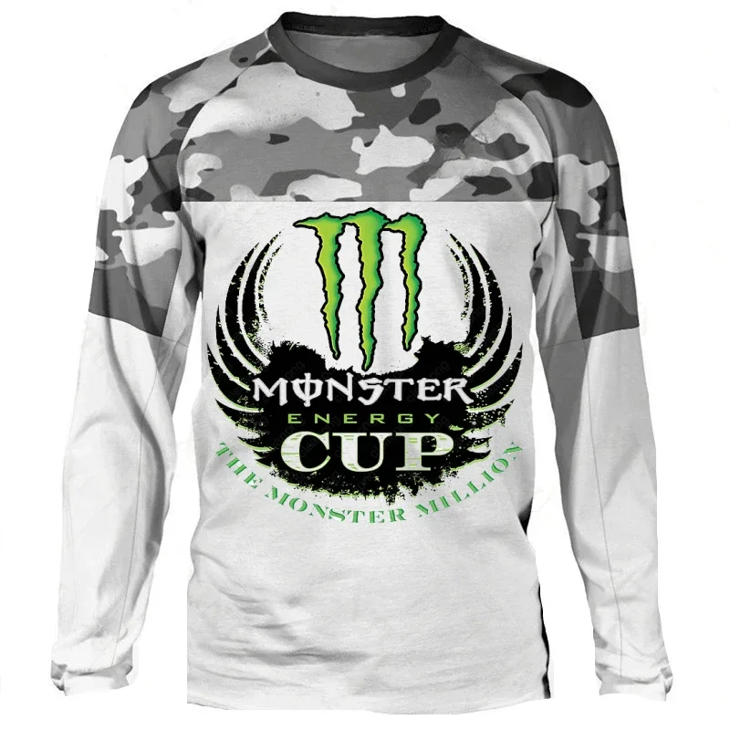 Monster Energy-Camouflage geométrico, bloque de Color, manga larga, secado rápido, transpirable, deportes de ciclismo al aire libre