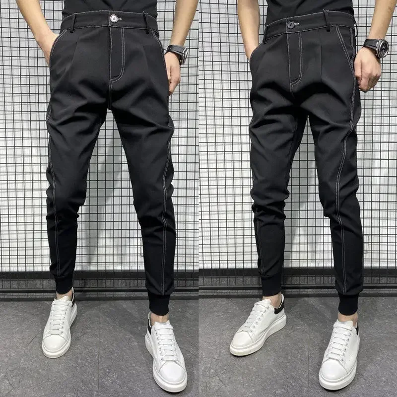 Slim Fit High Waist Plus Big Size Man Suits Pants Tressed Trousers For Men Vintage Thin Casual Clothing Premium Dress Up