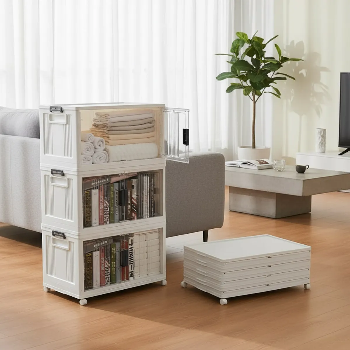 Large Plastic Storage Box 4 Pack Foldable Wheels Removable Lids for Home Office Dorm