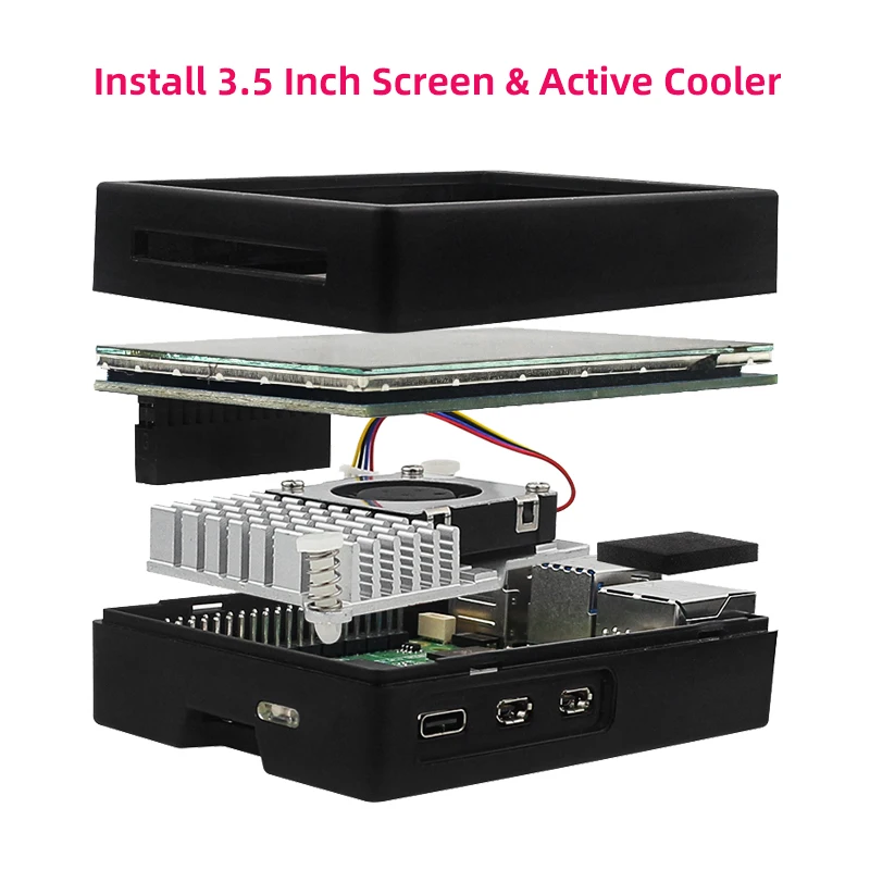 Carcasa de plástico para Raspberry Pi 5, Carcasa de ABS negra y plateada, ventilador de refrigeración PWM opcional, enfriador activo, compatible con pantalla de 3,5 pulgadas para RPi 5 Pi5