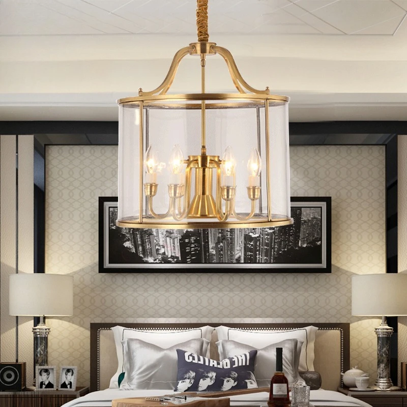 

American Style Luxury Pendant Lamp Living Room Lamp Villa Hotel Engineering Decoration Glass Cylindrical Cage Simple European