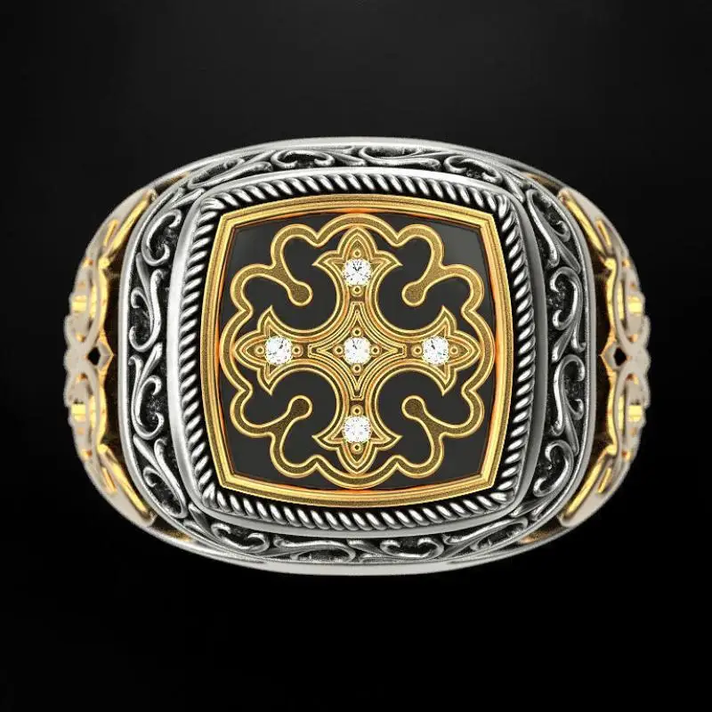 HOYON-Anillo de dos tonos de Color oro amarillo de 18k para hombre, patrón de grabado Vintage, anillo de compromiso de boda para hombre, regalo para