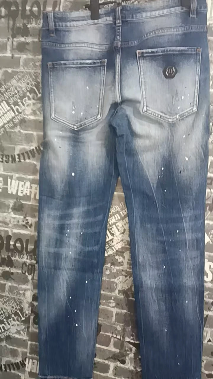 Fashionable new men's jeans with bead perforation patch, retro elastic slim fit, blue jeans, hip-hop brand pants Y2K