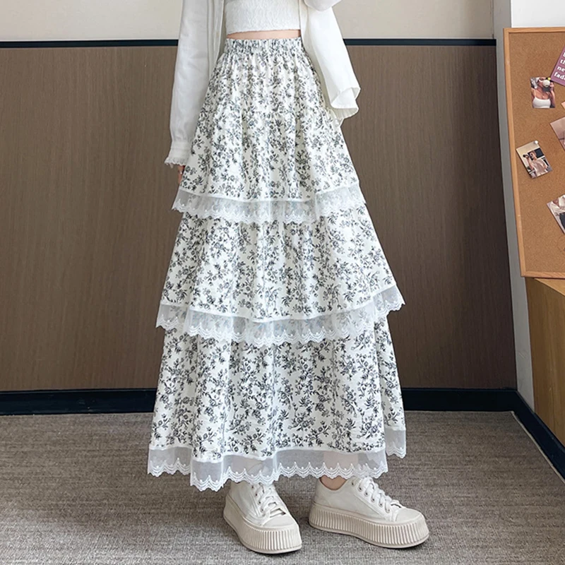 Japanese Style Sweet Gentle Floral Print Skirt Women 2026 New Summer Lace Patchwork Skirt High Waisted Puffy Cake Midi Skirt