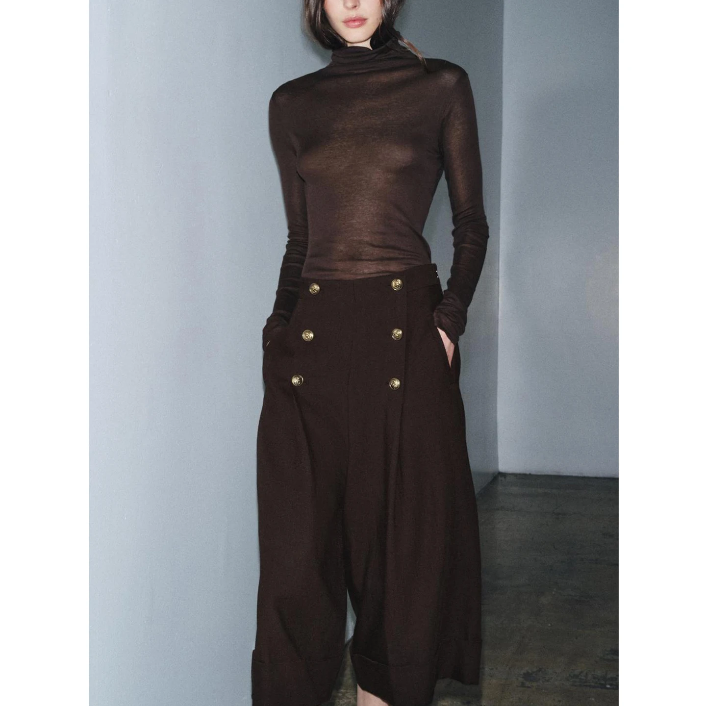 Winter Neue frauen Casual Lange orts Metall Taste Plissee Dekor mittlere Taille Breite Bein Hosen Polyester Faser l Taille