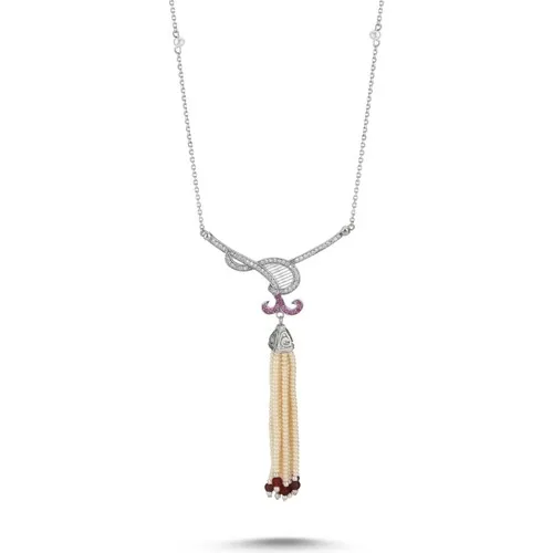 Gümüşhane Silver Majorca Pearl and Stem Ruby Tassels Zircon Cubic Zirconia Necklace