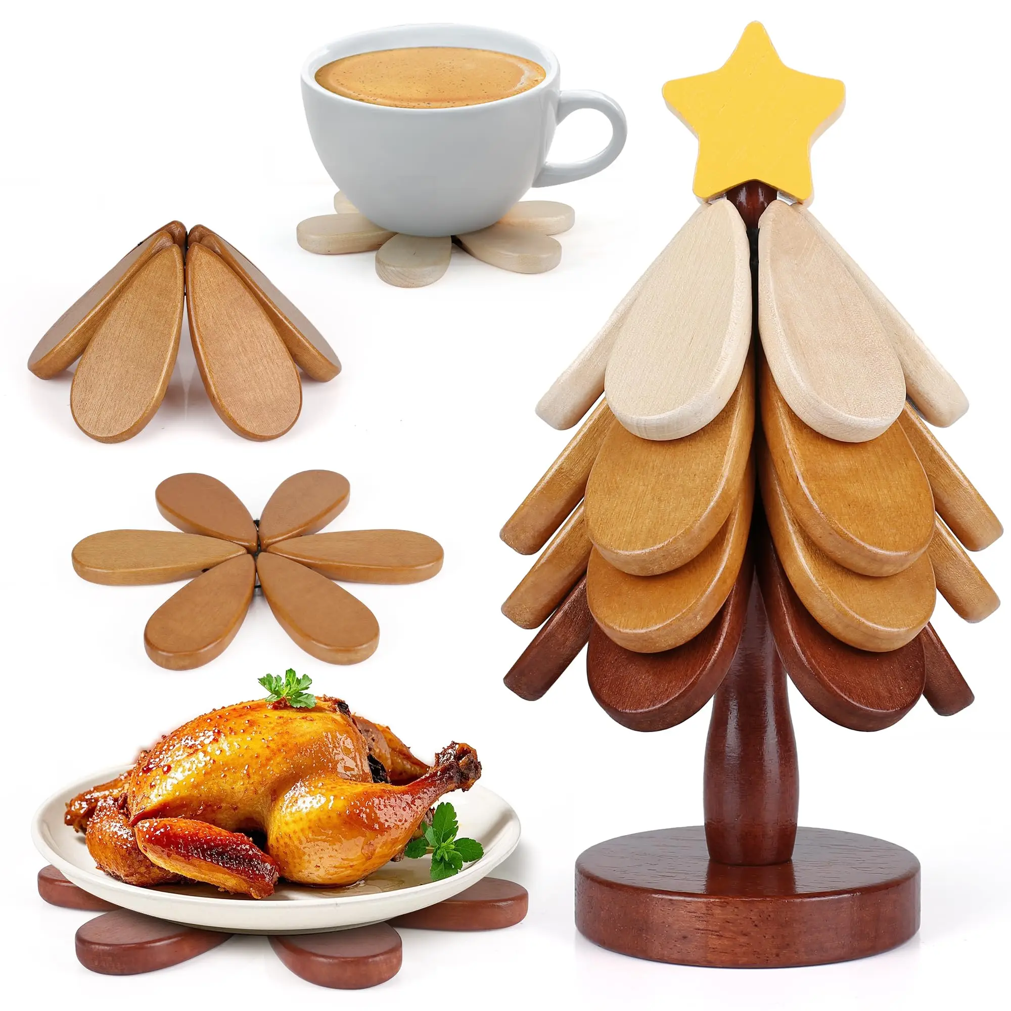 Wooden Trivets for Hot Dishes, Trivet Tree Christmas Tree Trivet Coasters Set of 4 for Hot Pot Pans Bowls Drinks Plates, Table D