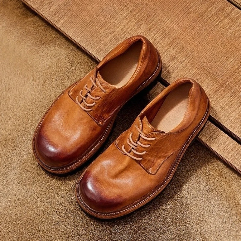 

British Style Round Toe Derby Shoes Men Genuine Leather Lace-up Casual Business Thick Sole Height Increasing Dress Leather Shoes