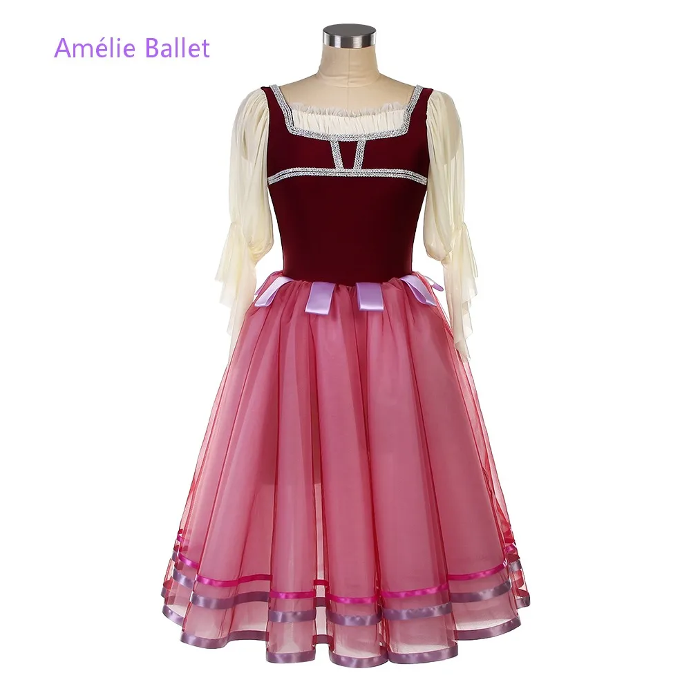 

26057 Новые балетные костюмы со средними рукавами, бордовый топ, лиф, романтические балетные костюмы для взрослых и девочек, балетные костюмы для выступлений на сцене