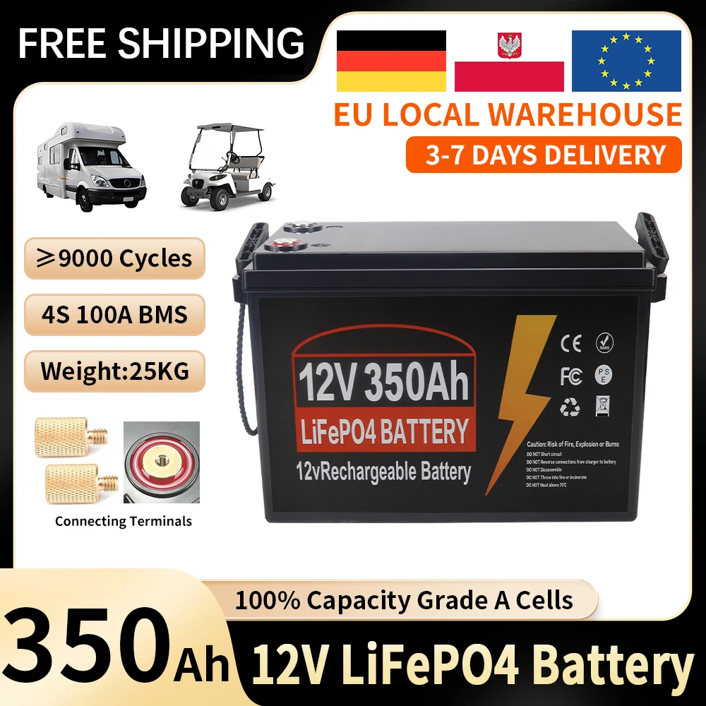 Neue 12V 350AH LiFePO4 Lithium-Eisenphosphat-Batterie Klasse A mit eingebautem BMS, 10000 Zyklen für Wohnmobil- und Heimsolarsysteme, EU-Lager, steuerfrei