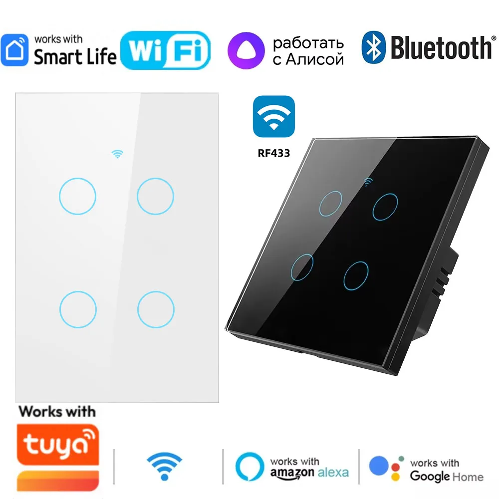 

Требуется настенный сенсорный переключатель Tuya Smart Wi-Fi, нейтральный провод, беспроводной пульт дистанционного управления, переключатель США/ЕС, 1-4Gang для Alexa Google Home Alice