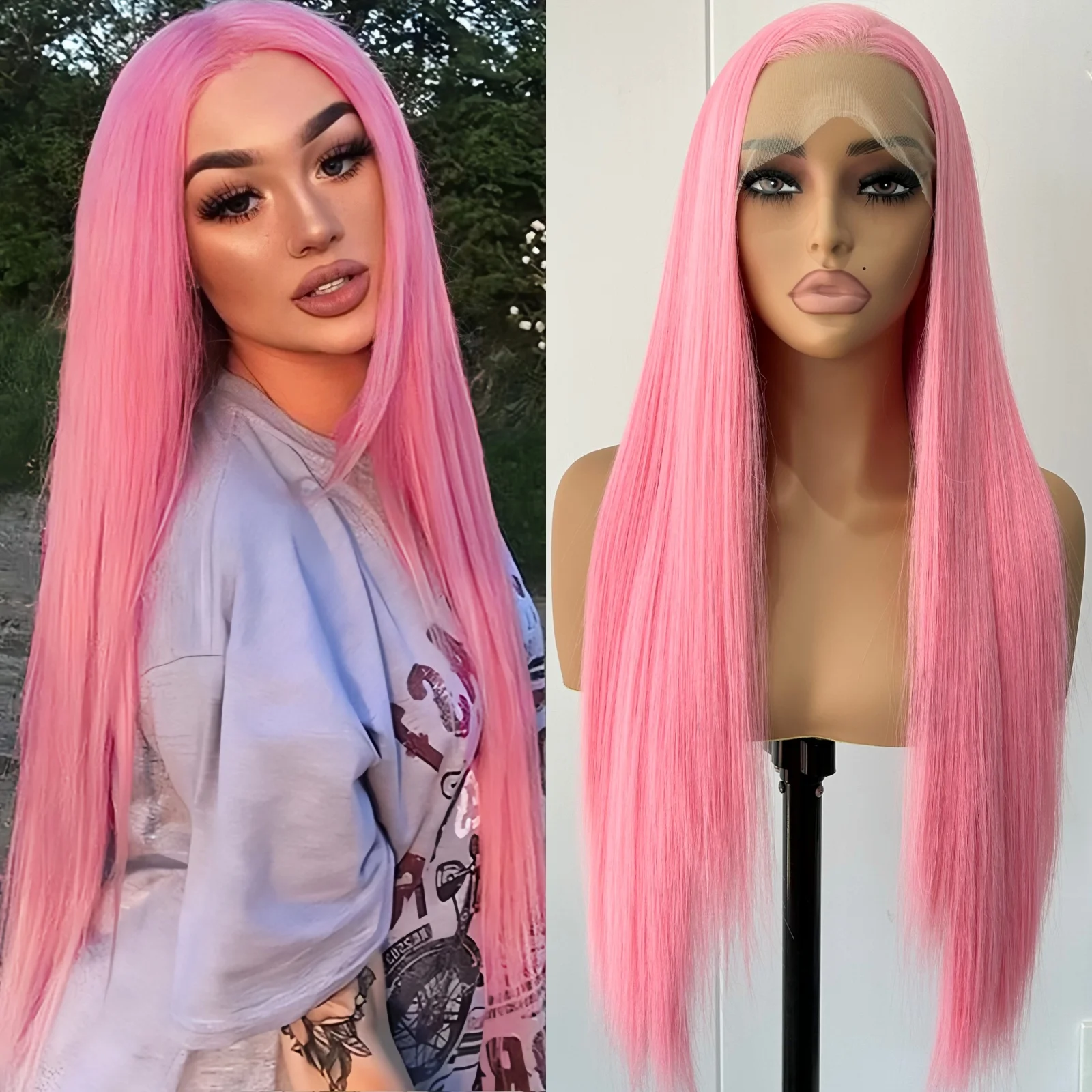 Pink Lace Front Wig Long Straight Hair Glueless Synthetic Free Part Pastel Pink Colored Heat Resistant Fiber Wigs for Women