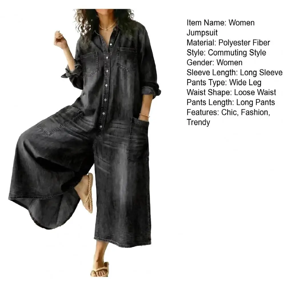 

Women's Oversized Cotton Denim Long Sleeve Pocket Jumpsuit Women'S Autumn Casual Loose Solid Color Shirt Jumpsuit Female Rompers