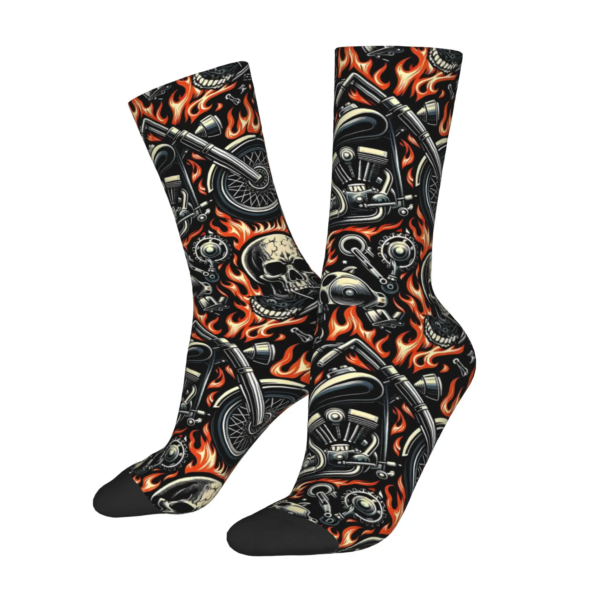 1pc Skulls And Motorcycles Flames  Printed Men's Socks Novelty Hip Hop Harajuku Pattern Crew Sock Casual Gift