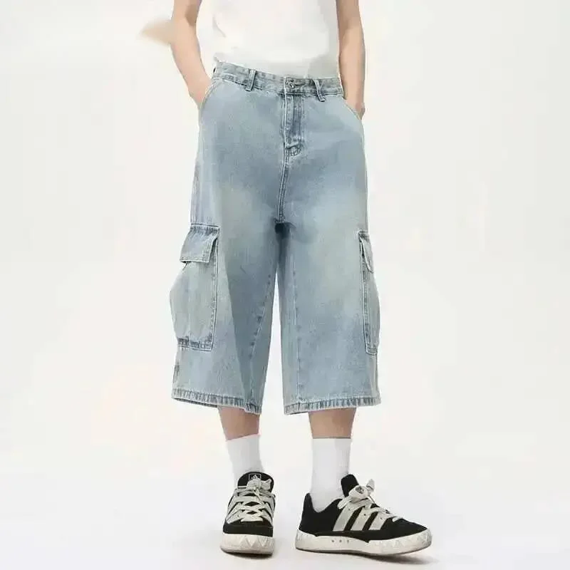 American Style Men's Denim Shorts Multi-pocket Cargo Trousers Solid Color Washing Chic Straight Leg Male Bottom 9BGKM