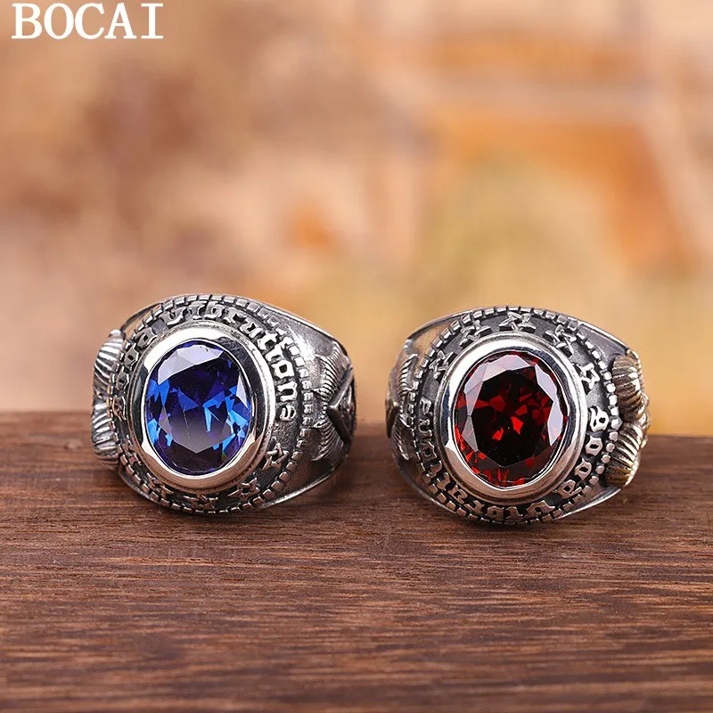 

BOCAI NEW S925 Silver Retro Personality Garnet Open Ring