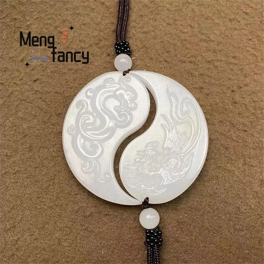 Natural Hetian White Jade Dragon and Phoenix Crescent Pendant Exquisite Elegant Simple High-grade Couple Luxury Fashion Jewelry