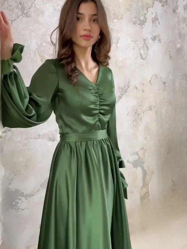 Vestido elegante de lujo para mujer, satén mercerizado, verde, Color sólido, ajustado, con cuello en V, con cordones, plisado, vestidos de fiesta de péndulo para mujer