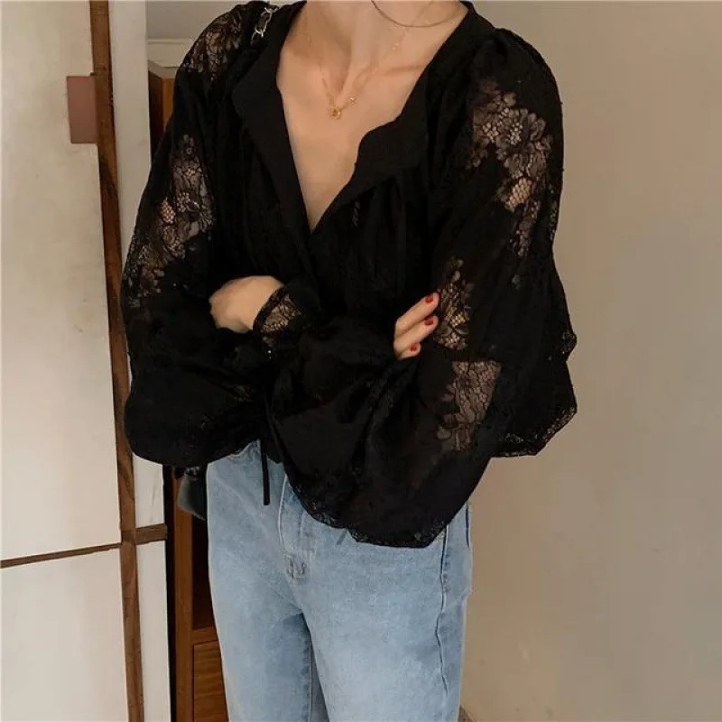 

2026 Blusas De Mujer Long Sleeve Lace Blouses for Women V neck Loose Spring Autumn Shirts Heavy Embroidery Through Vintage Tops