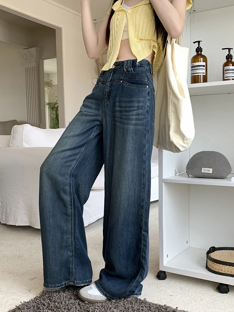 

Benuynffy American Retro Dark Blue Wide Leg Jeans Women Summer High Waist Double Pocket Washed Loose Straight Pants Streetwear
