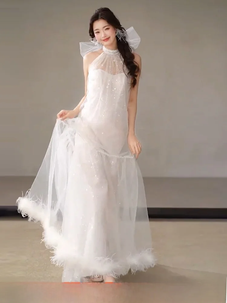 

Легкое свадебное платье-чокер с пайетками для невесты, длинная юбка без рукавов из полиэстера