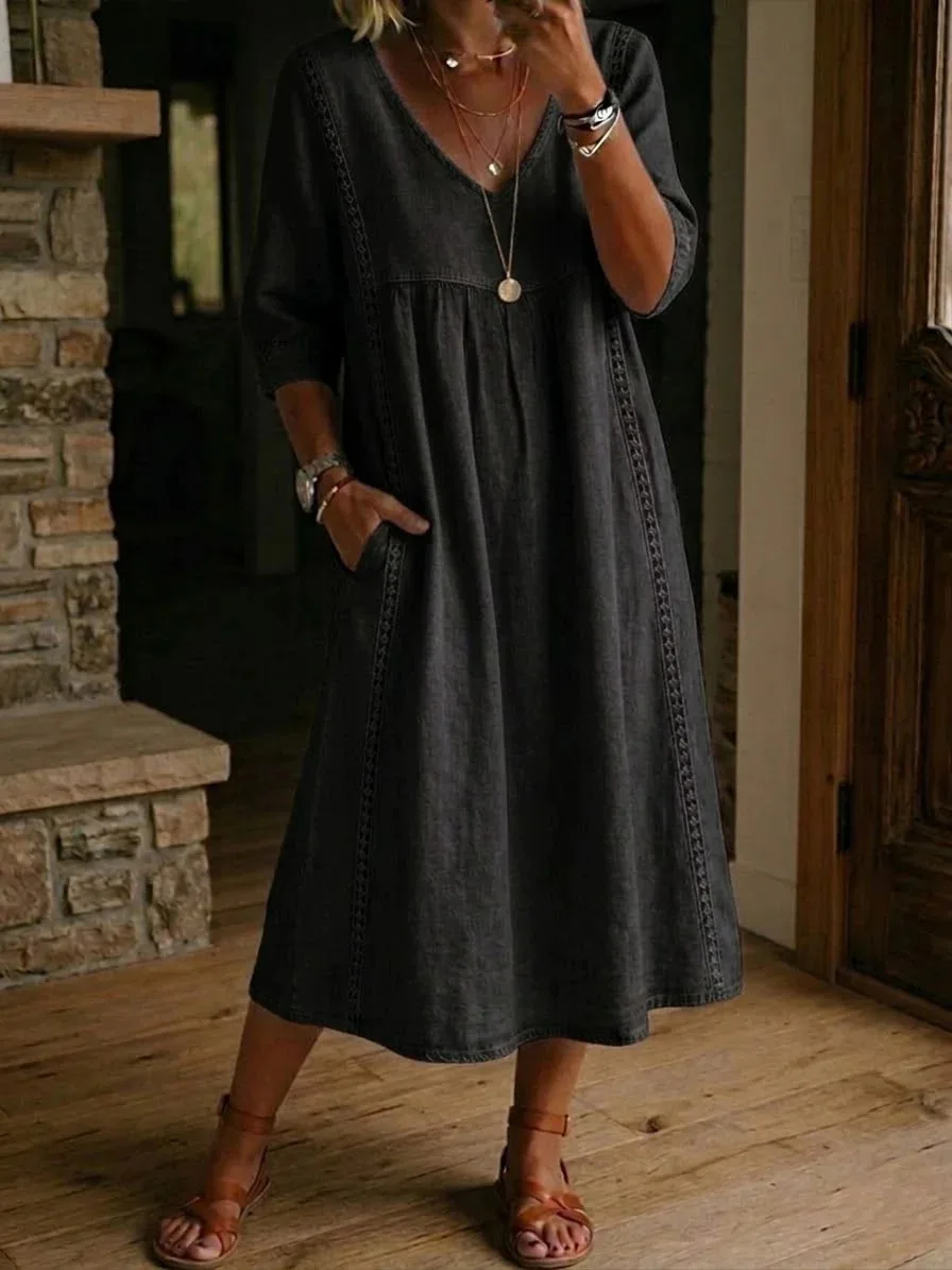 2026 Damen Lässiges Midi-Kleid, Einfarbiges V-Ausschnitt-Kleid mit Spitzenbesatz, Halblange Ärmel Alltagskleid – Detail 6
