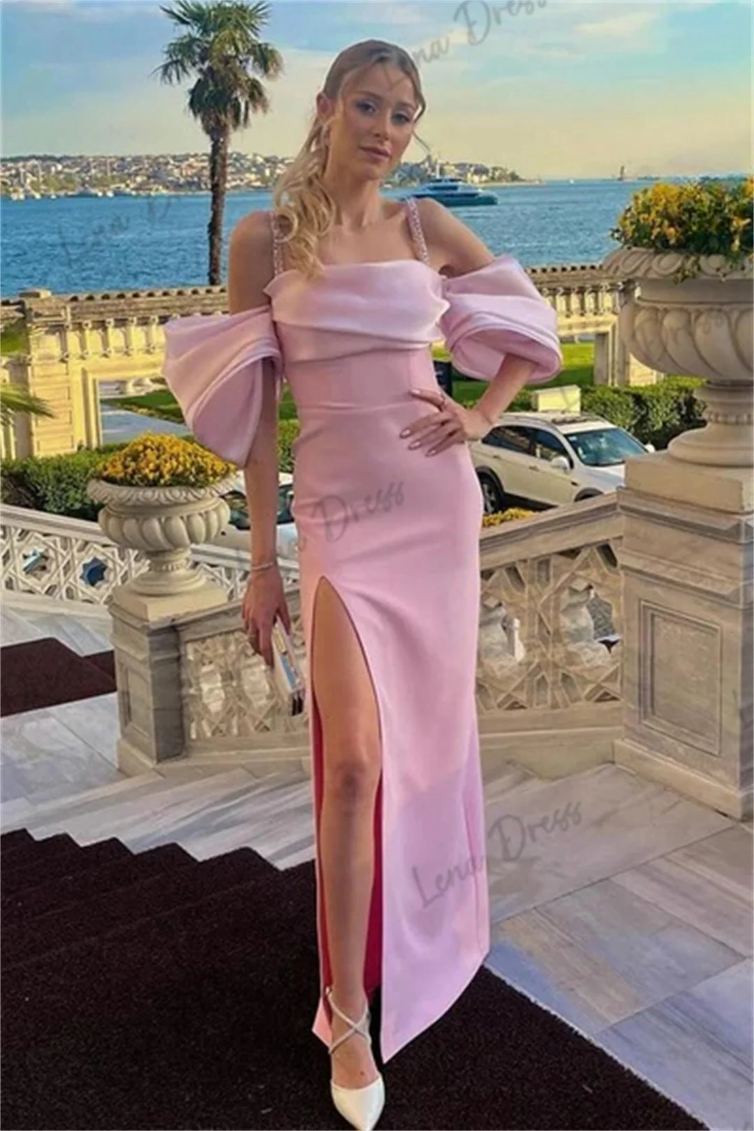 Lena-2024 New Evening Dress Pink One Line Neck Bubble Sleeves Fishtail Floor to Floor Dress Suitable for Various Ball Parties