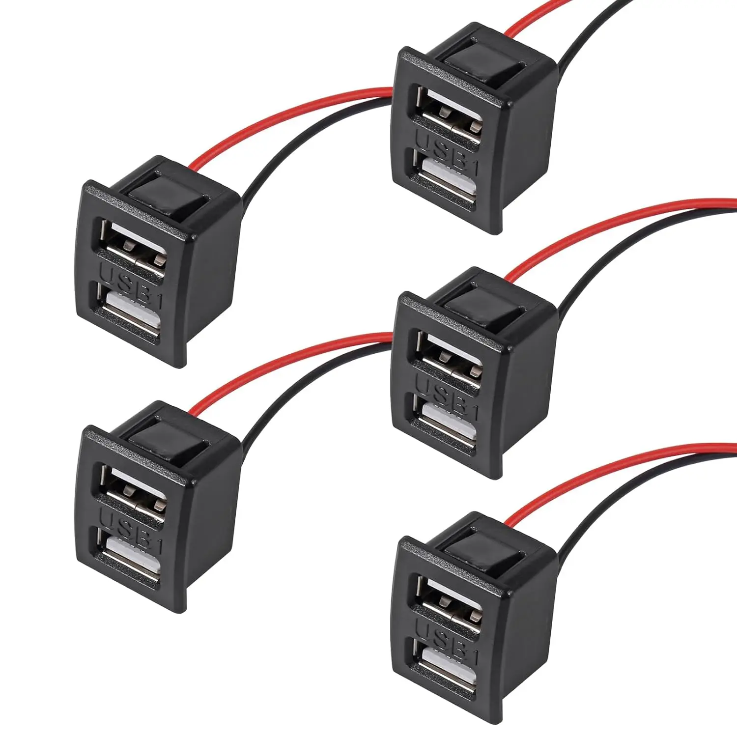 5PCS Black Dual USB Double Layer USB Female Base USB Lamp Charging Socket Power Socket with Cable Connector