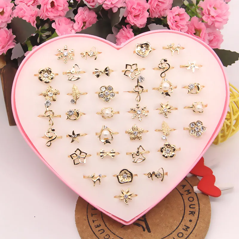 Gift  Box 12Pcs Mixed Style Crystal Assorted Flower Animal Adjustable Rings Kids Girls Party Gift Fashion Finger Jewelry