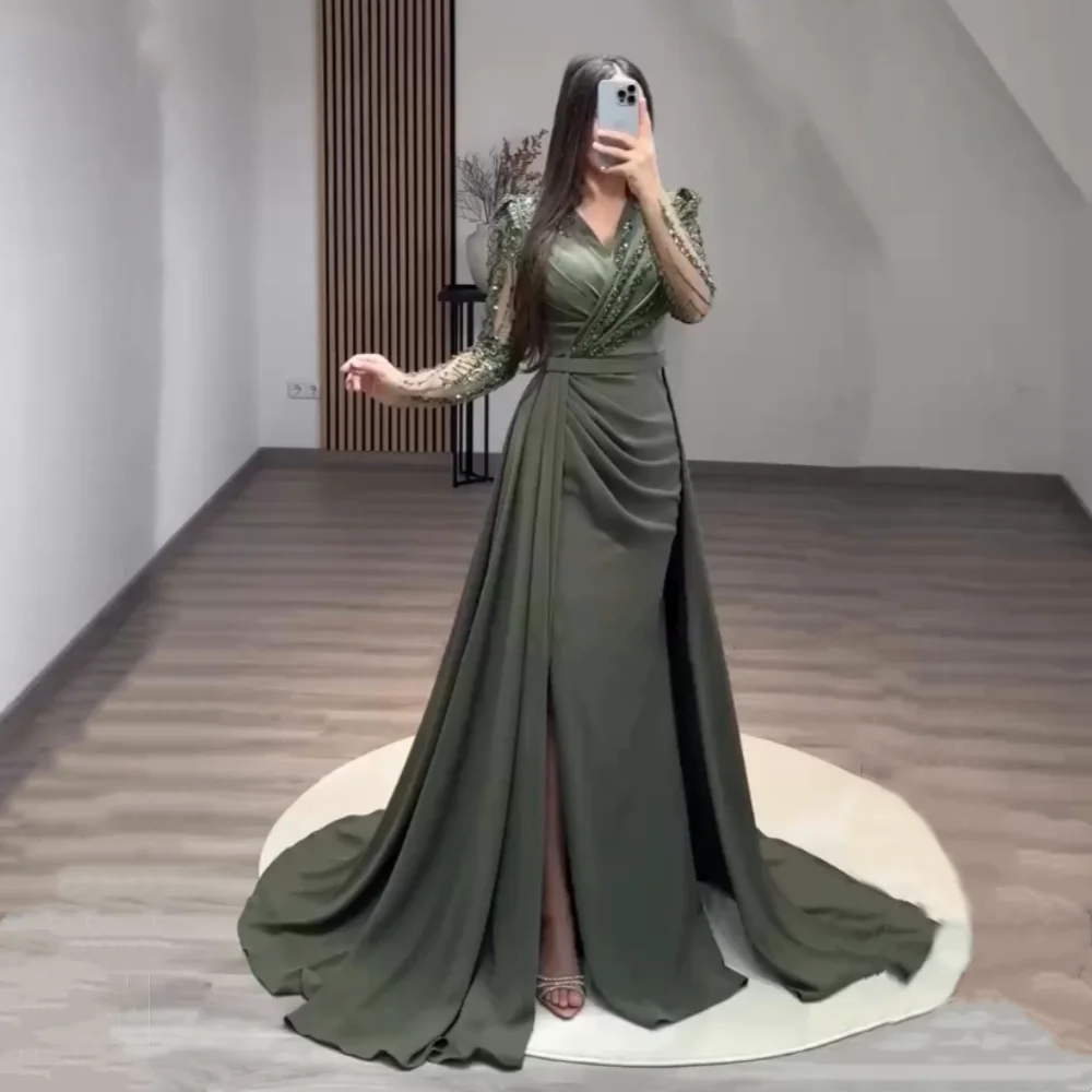 

Customized Jersey Sequined Pleat V-neck Trumpet Floor-length Bespoke Occasion Women Luxury Evening Dresses Classic Gorgeous