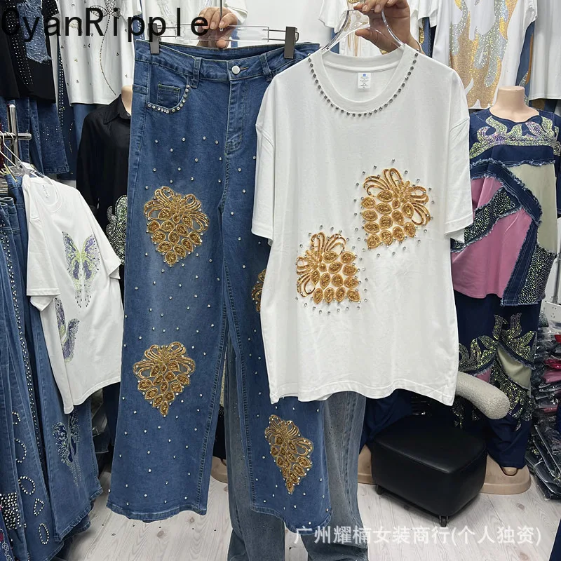 2026 New Autumn Women Two-piece Set Embroidery Sequins Diamonds Loose White Short Sleeve T-shirt + High Waist Wide Leg Pants