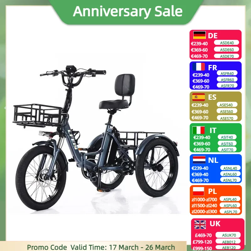 

Foldable Electric Tricycle Cargo Adult Senior For Lithium Battery Removable Waterproof Anti-Theft 48V 3 Wheel Electric Bicycle