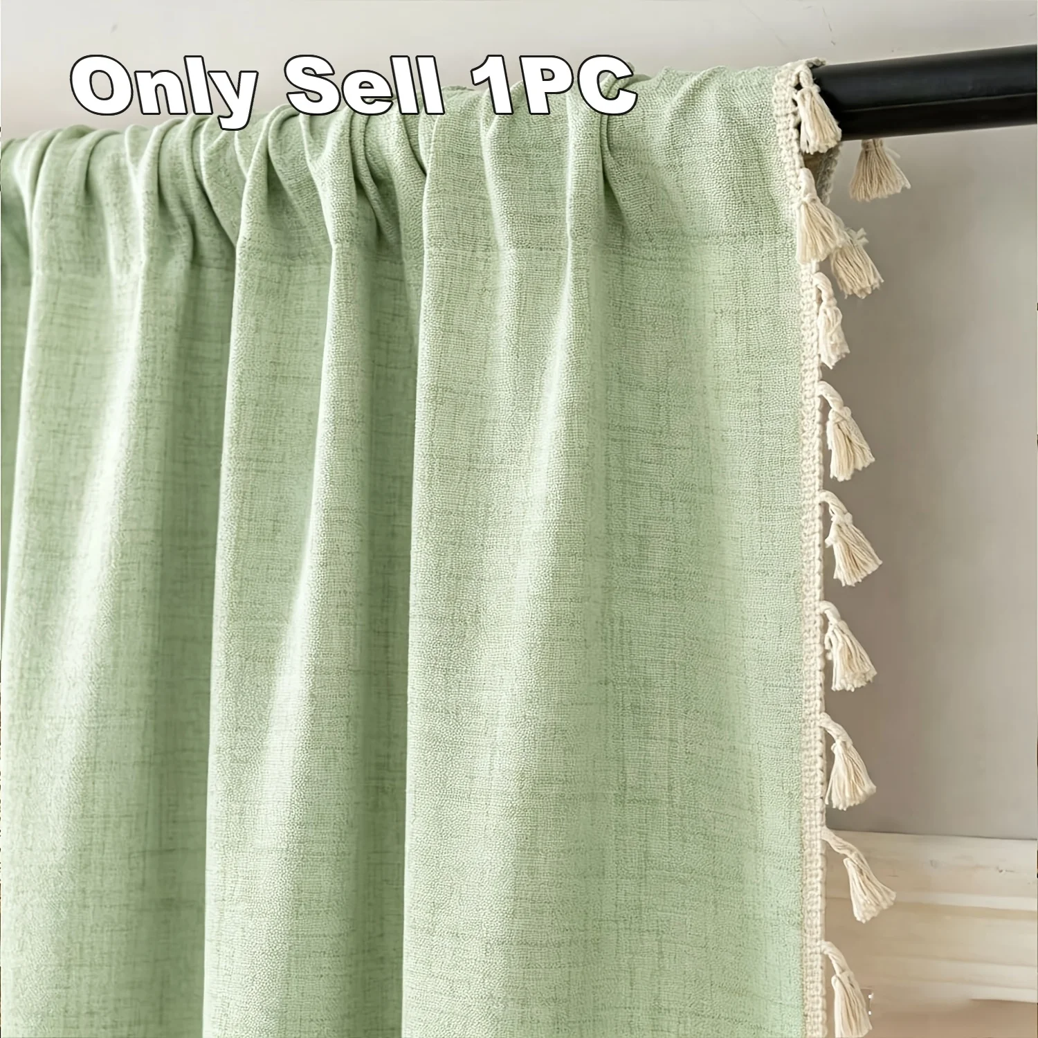 1PC American Style Fringe Curtains, Linen Texture, Matcha, Thick Fabric, Suitable for Living Room and Bedroom, Light Blocking