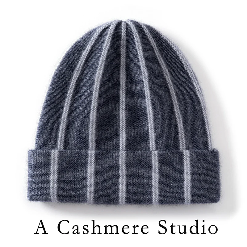 Cashmere Material Winter Hat for Women Outdoor Striped Double-layer Beanie Cap Casual Soft Warm Showing Face Knitted Cold Hat