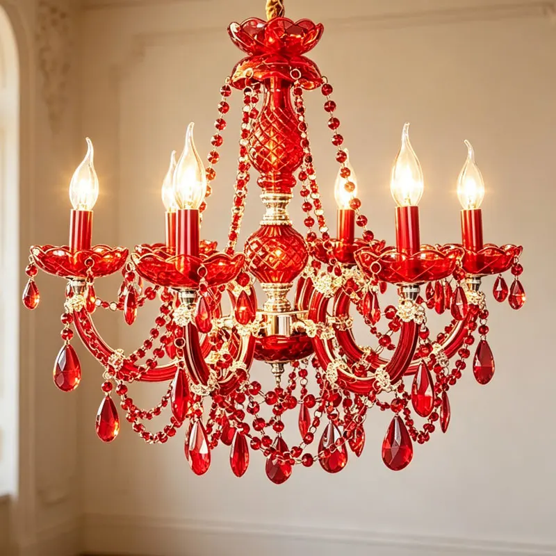 Crystal Pendant Light European Style Living Room Dining Room Bedroom Wedding Room Festive Red Candle Chandelier 6 HeadsDroplight
