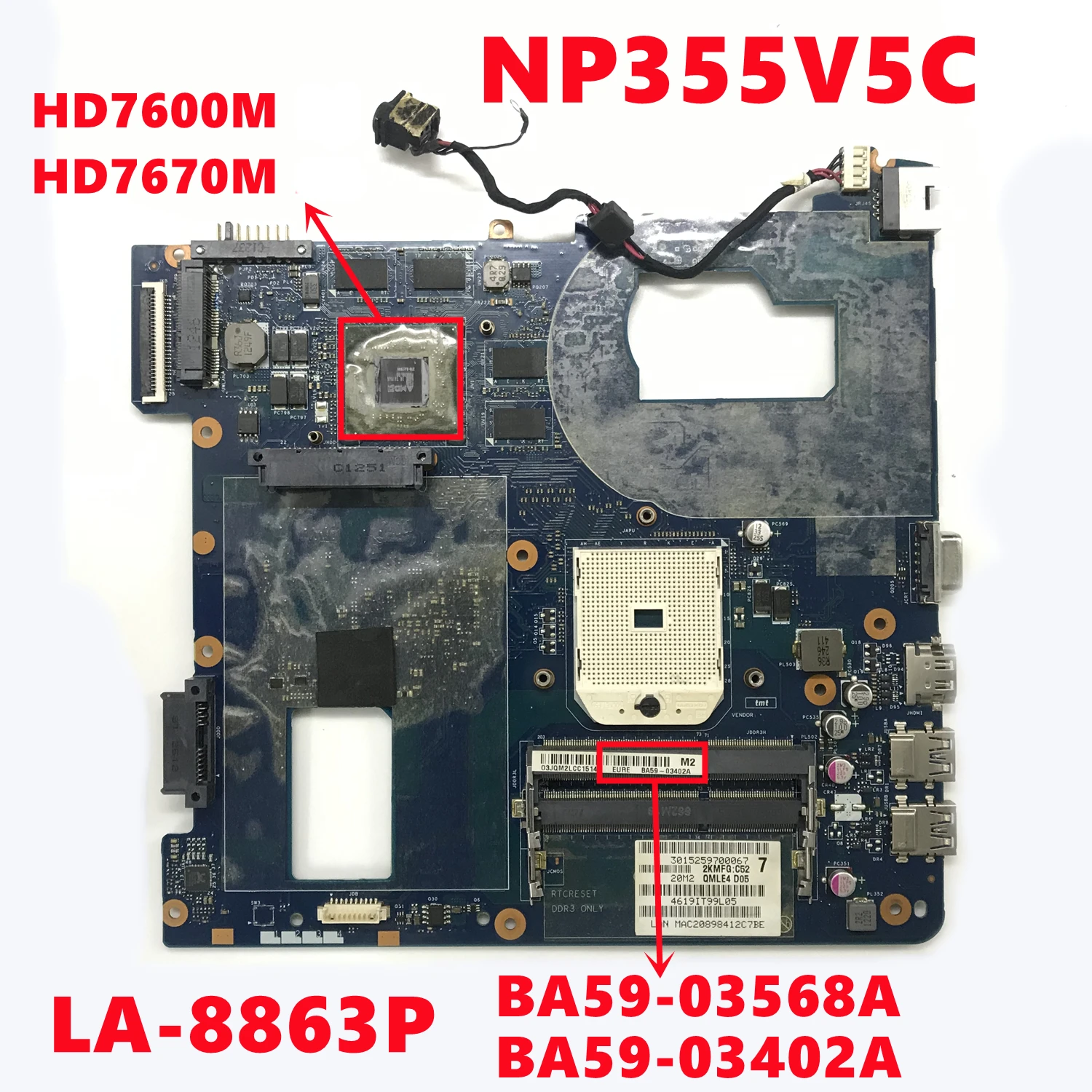 Placa-mãe do portátil para SAMSUNG, BA59-03568A, BA59-03402A, NP355, 355V5C, NP355V5C, QMLE4 LA-8863P, HD7600M, HD7670M, GPU, 100% testado