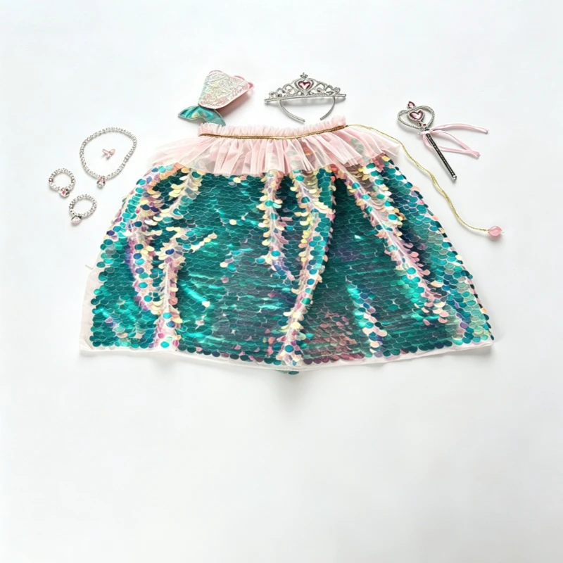 Iridescent Mermaid Sequin Cape Kids Princess Cosplay Set Heart Rhinestone Tiara Magic Wand Pearl Jewelry Fish Tail Hair Clip