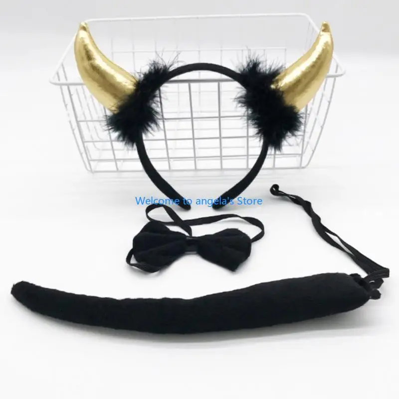 X4YC Devil Ears Headband Bow Tie Tail Set Cosplays Performances Prop for Women Kids