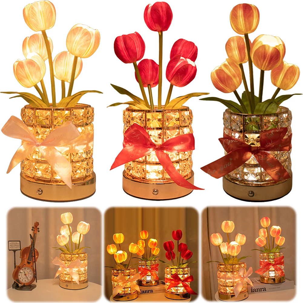 LED Tulip Crystal Flower Lamp 3 Colors Dimming Tulip Flower Table Lamp USB Rechargeable Tulip Nightstand Lamp for Bedroom Decor