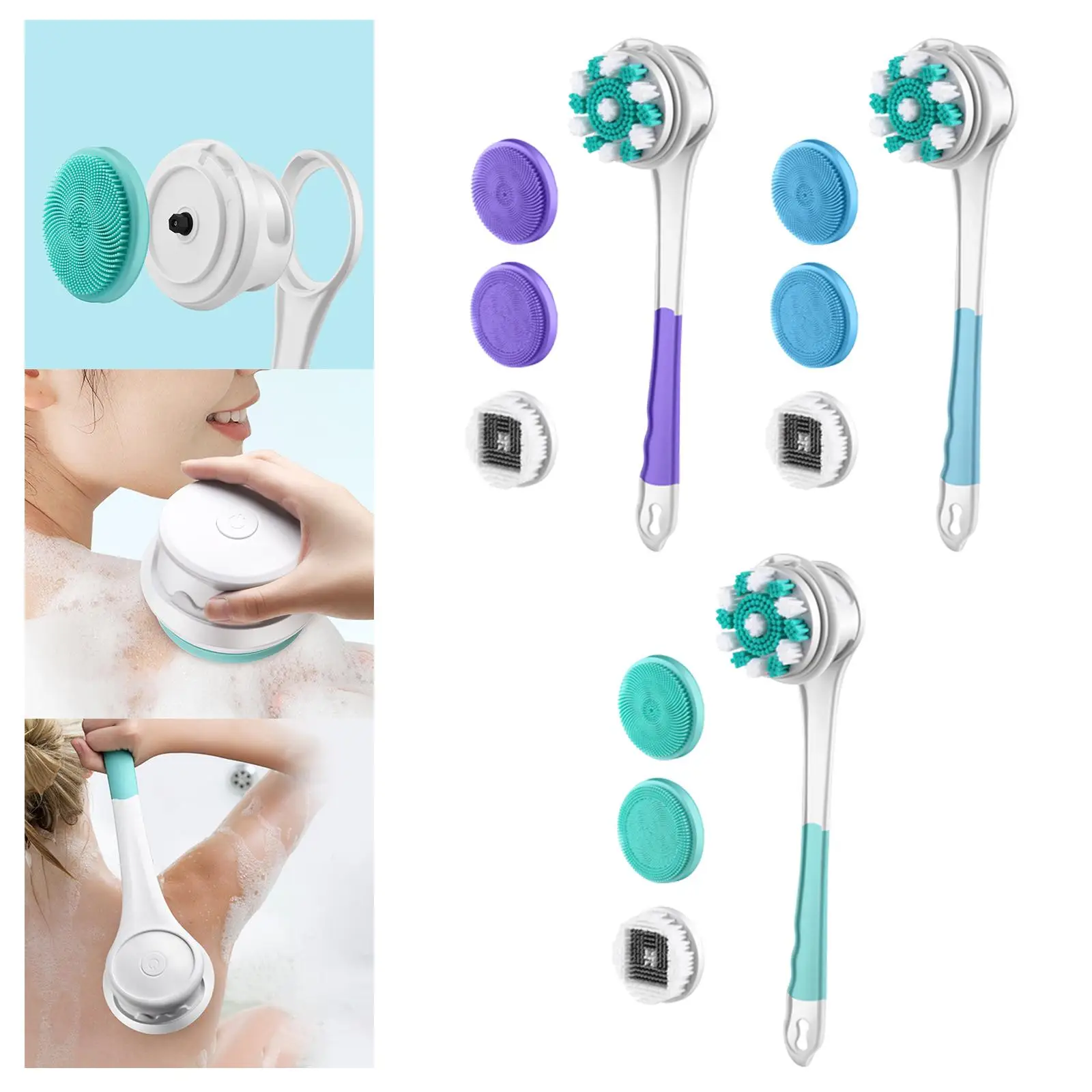 Electric Body Bath Brush Detachable Long Handle Cordless Back Brush for Showering Back Body Facial Cleansing Bathing Exfoliating