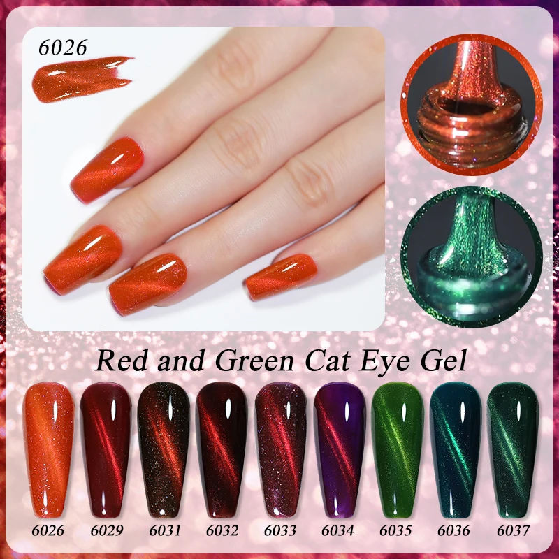 Esmalte de uñas en gel de ojo de gato Arte Clavo, 10ML, serie verde roja brillante, perfecto para todas las estaciones, arte de uñas, regalo DIY