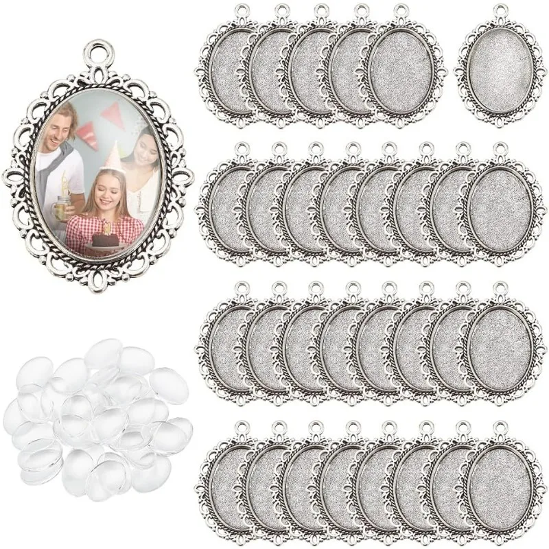 60pcs Bezel Pendant Blanks Settings - 30pcs Oval Pendant Trays Photo Charms with 30pcs Glass Cabochons for Bouquet Bridal