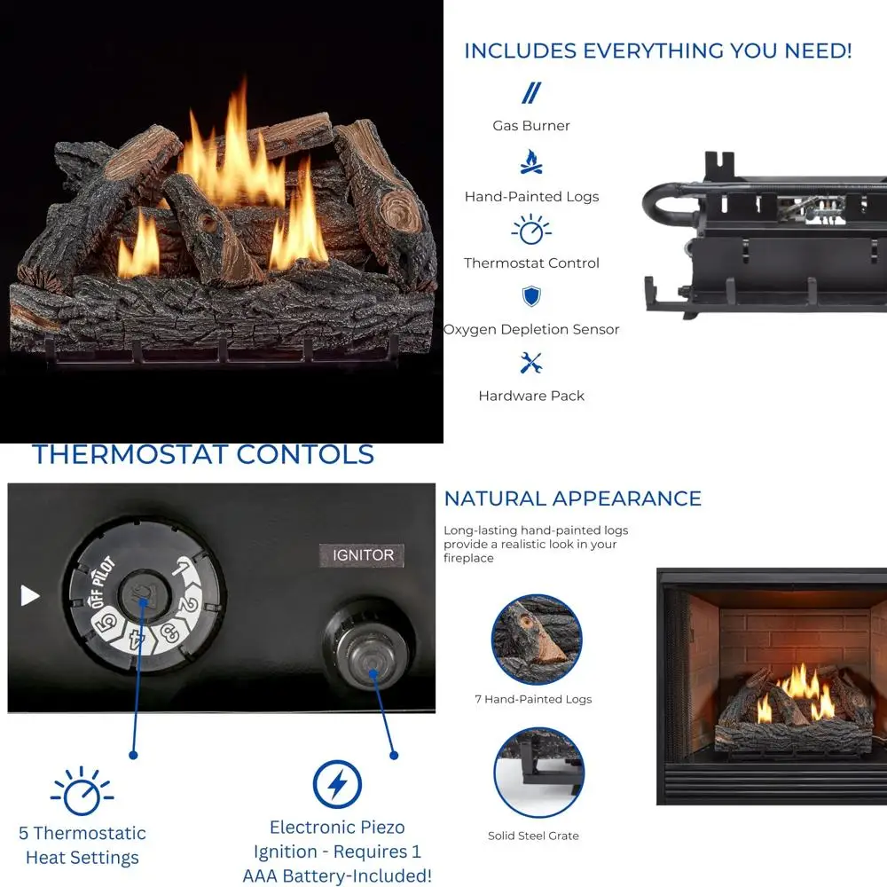 سجلات مدفأة مزدوجة الوقود بدون فتحات، 32000 وحدة حرارية بريطانية، تسخين ما يصل إلى 1100 قدم مربع، توافق الغاز الطبيعي/LP