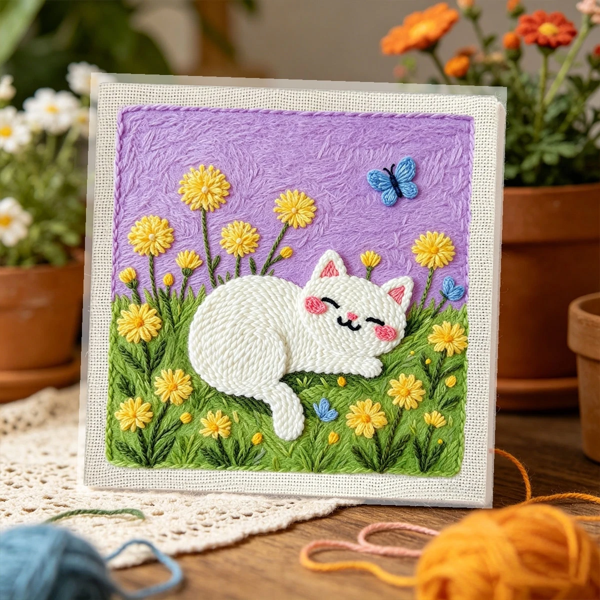 1 Set Weiße Katze in Löwenzahn DIY-Stickset für Anfänger, Stick-Starter-Kit, Kreuzstich-Kunstgeschenk, Nadelarbeiten – Detail 3