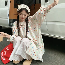 Cute Rainbow Polka Dot Single Breasted O-neck Shirts Dress Women Lovely College Lady Loose Cardigan Coats Japanese Summer Tops