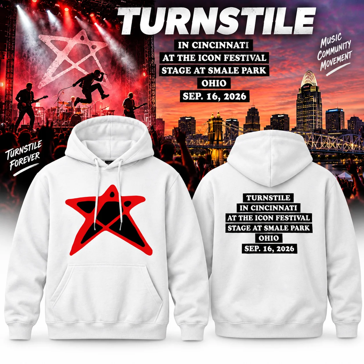 Turnstile Cincinnati Icon Festival Pullover Hoodie, Two Sided White Graphic,  Punk Concert Fan Sweatshirt