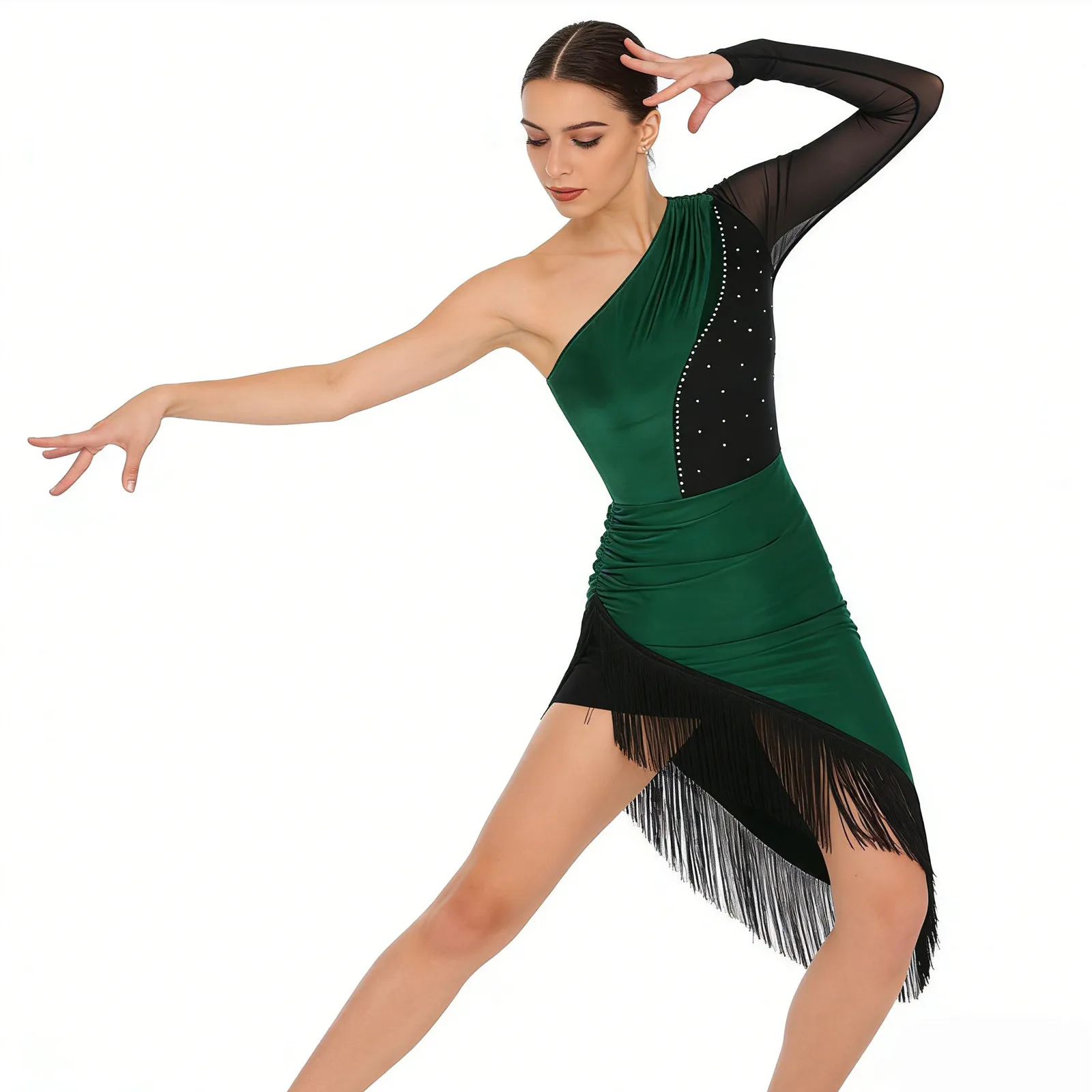 Womens Tassel Latin Dance Dress Salsa Tango Ballroom Dancing Dress Shiny Rhinestones One Shoulder Asymmetrical Fringe Dress